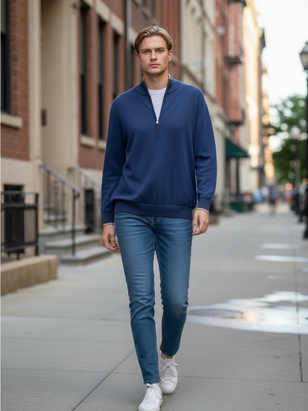 Hagen Italian Made Men's Quarter-Zip Sweater - Blue